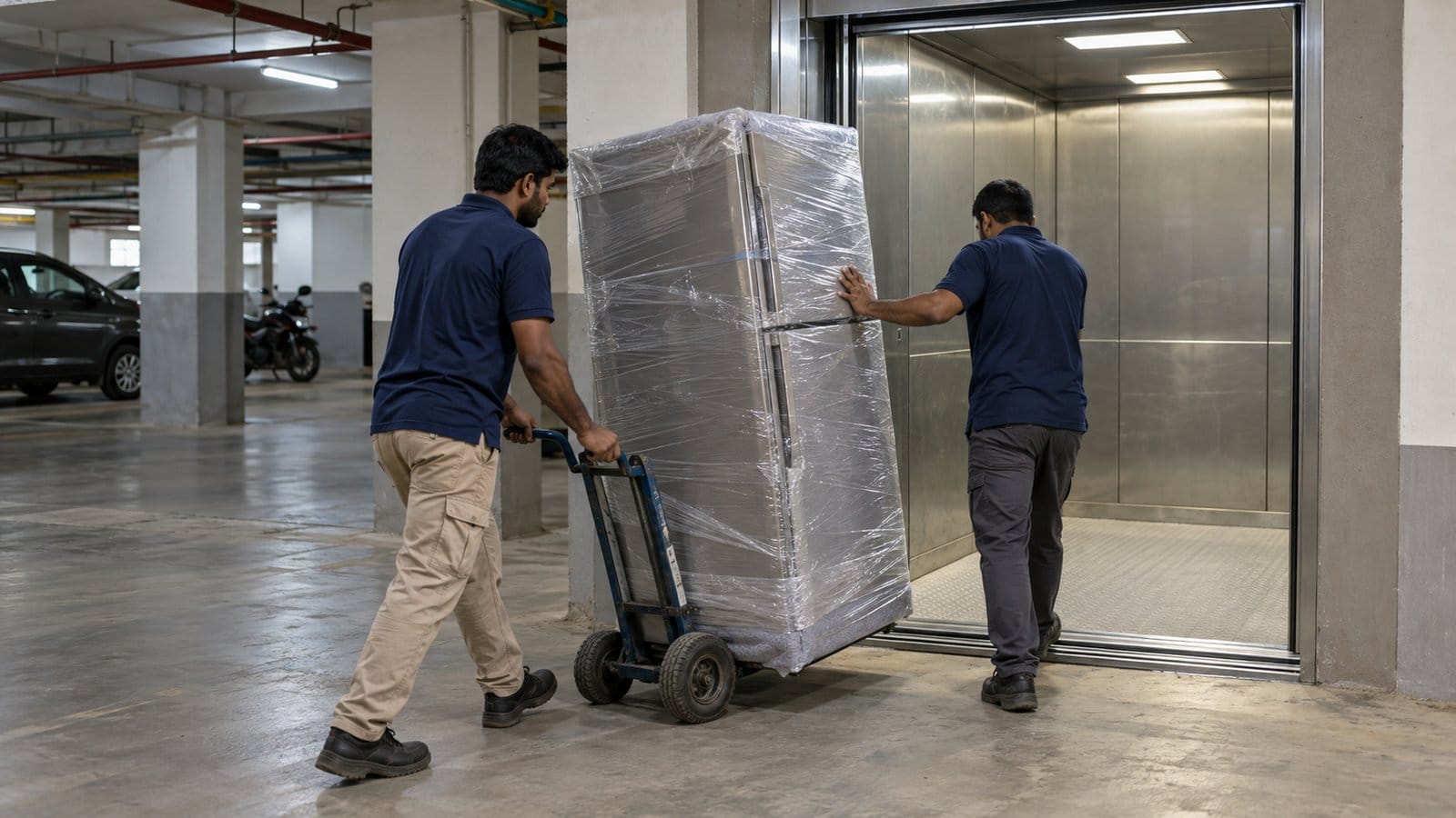 Two movers wheel a wrapped refrigerator on a dolly towards a goods lift in a parking basement