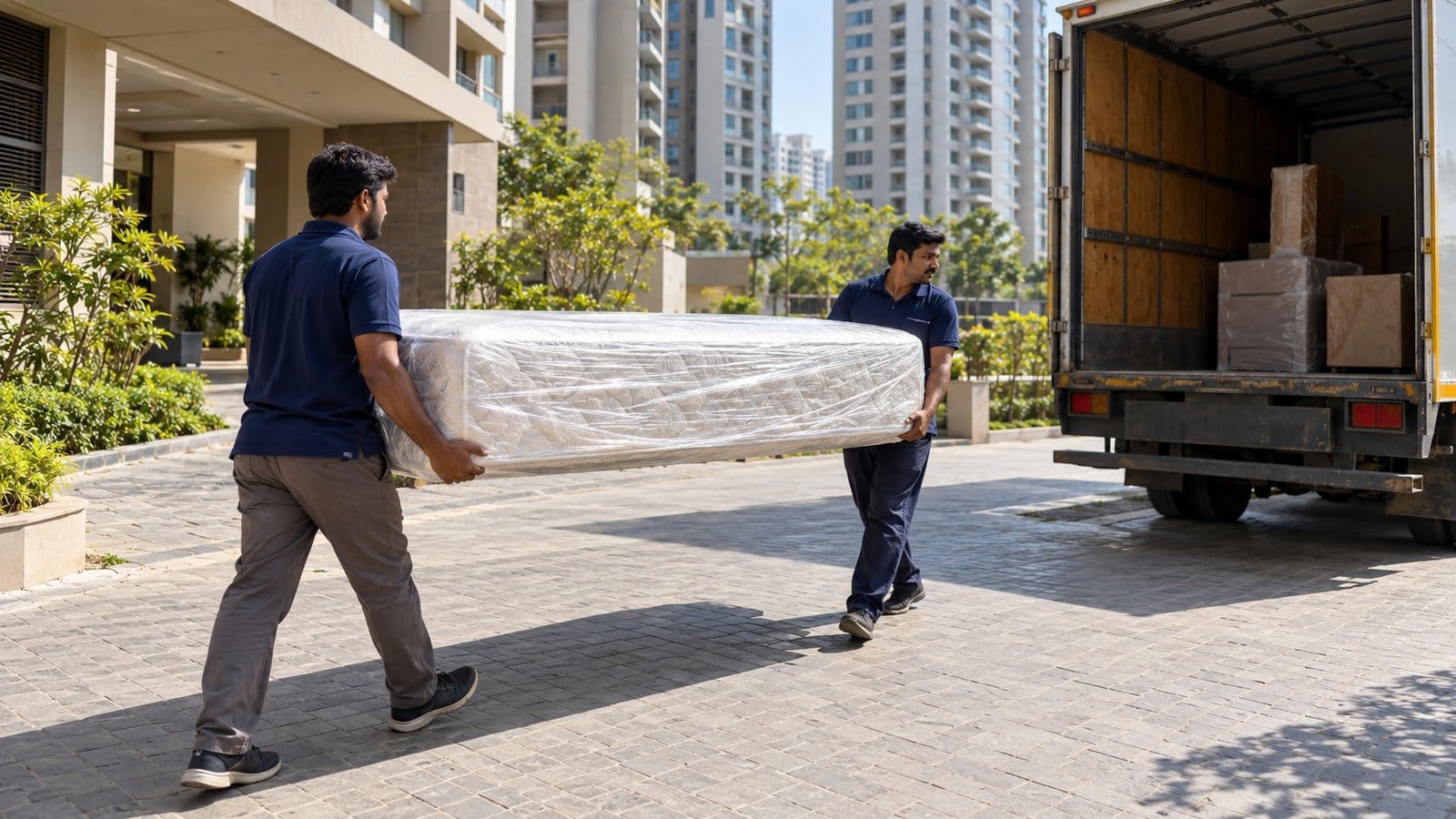 Two movers carry a wrapped mattress across a society driveway to an open goods truck