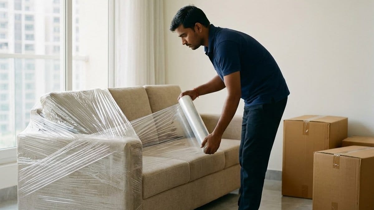 A mover in a navy polo shirt stretch-wraps a beige three-seater sofa beside a tall window, with sealed cartons stacked against the wall