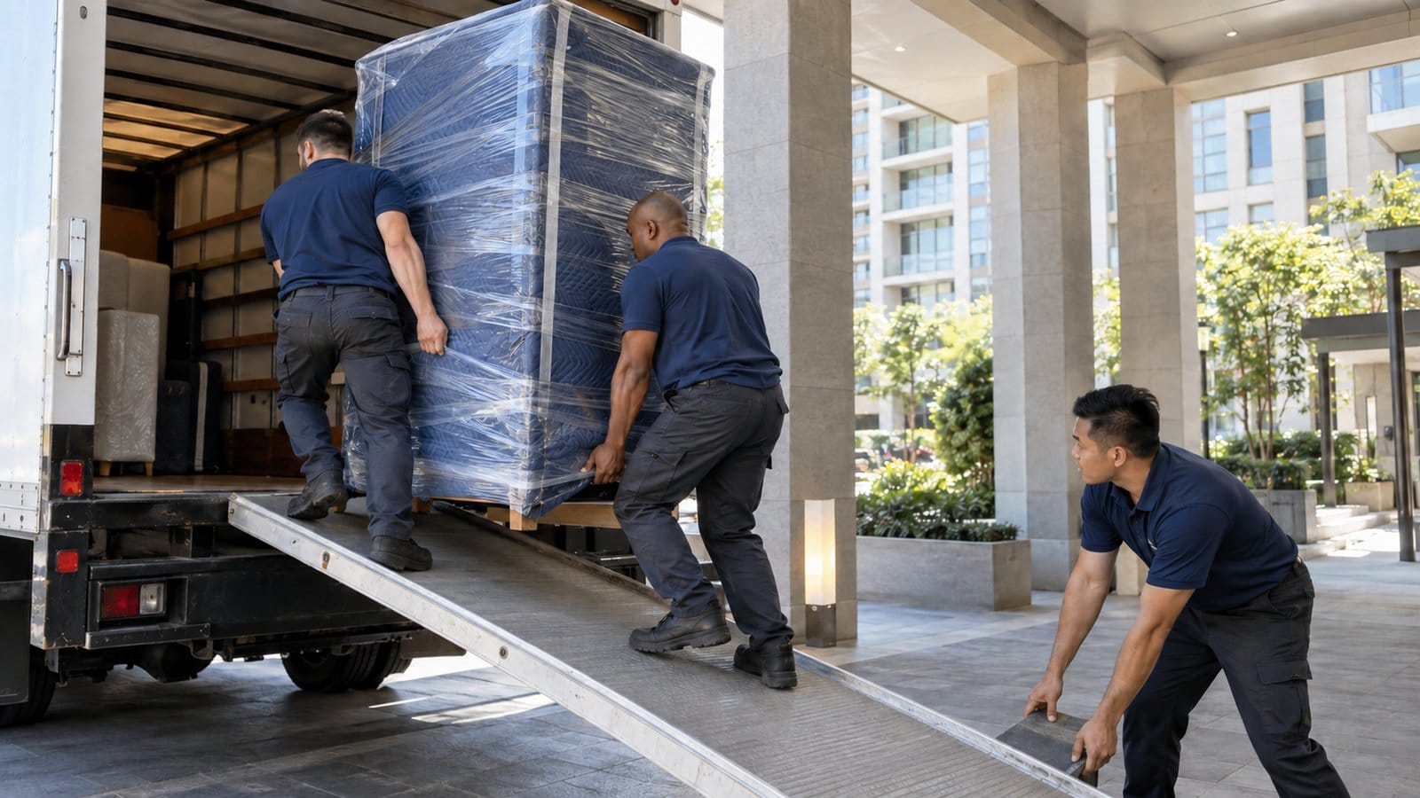 Movers lift a wrapped wardrobe into a truck at a tower porch while a third steadies the ramp