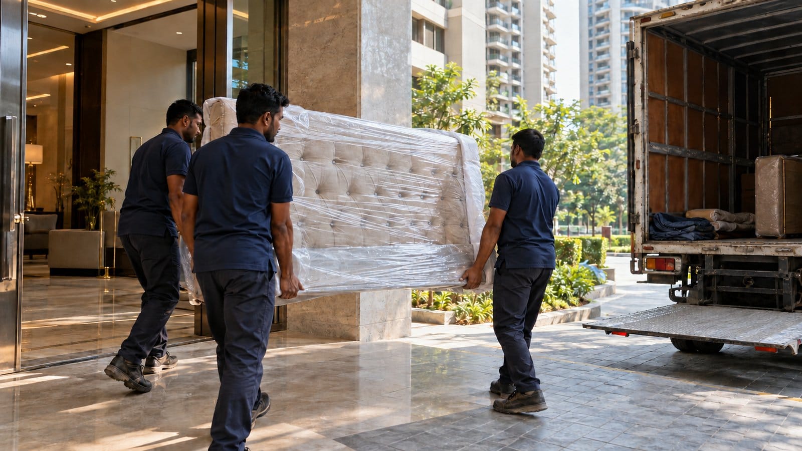 Three movers carry a wrapped mattress past a tower lobby to a waiting truck
