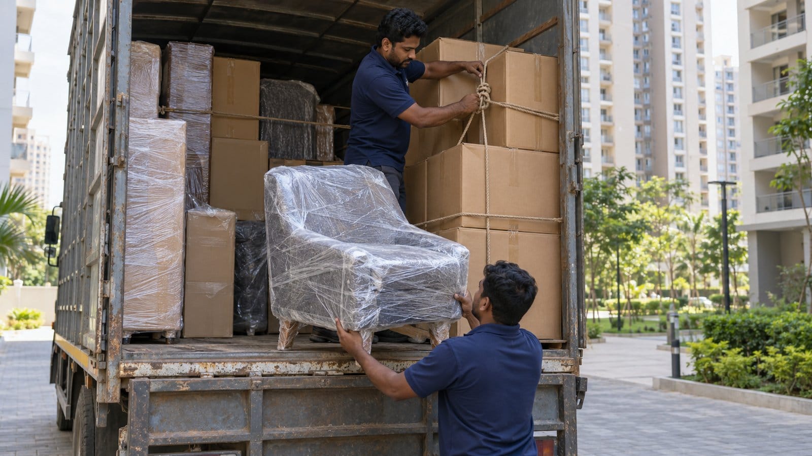 A mover ropes down cartons inside a goods truck while a colleague hands up a wrapped chair