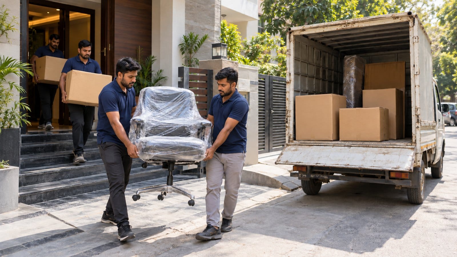 Movers carry a wrapped office chair and cartons from a house to a pickup van on a quiet street