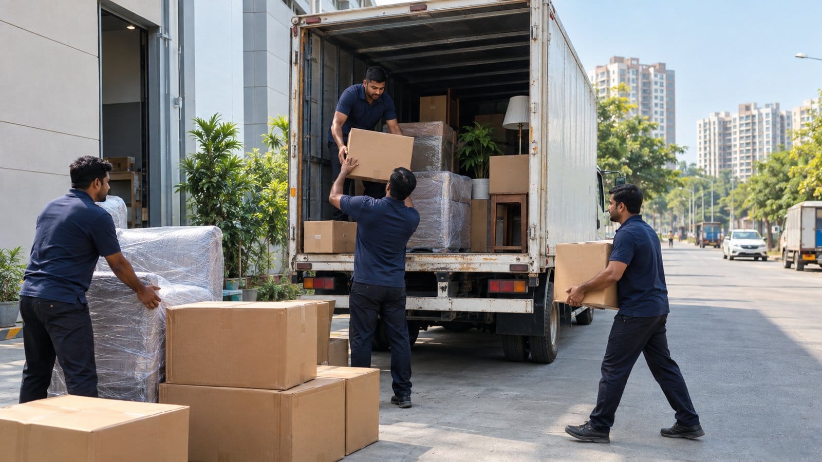 Movers load a truck on a broad service road beside low industrial buildings in the morning