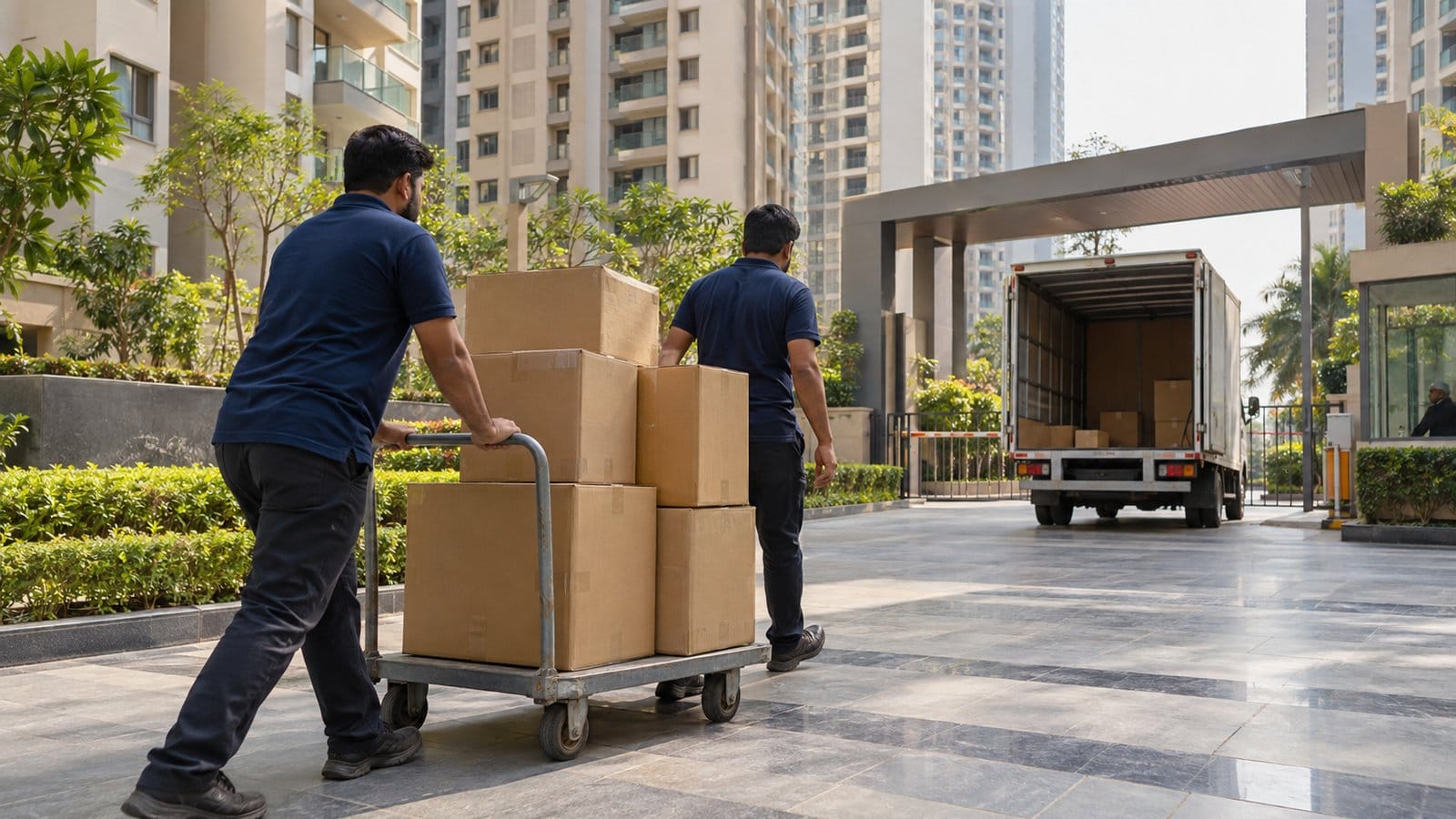 Movers wheel a trolley of cartons across a society podium towards a truck at the gate