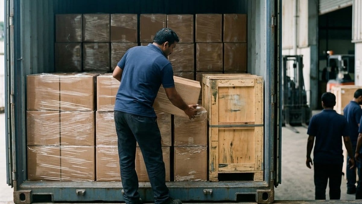 A mover in a blue shirt stacks shrink-wrapped cartons beside a wooden crate inside a container while two colleagues wait outside