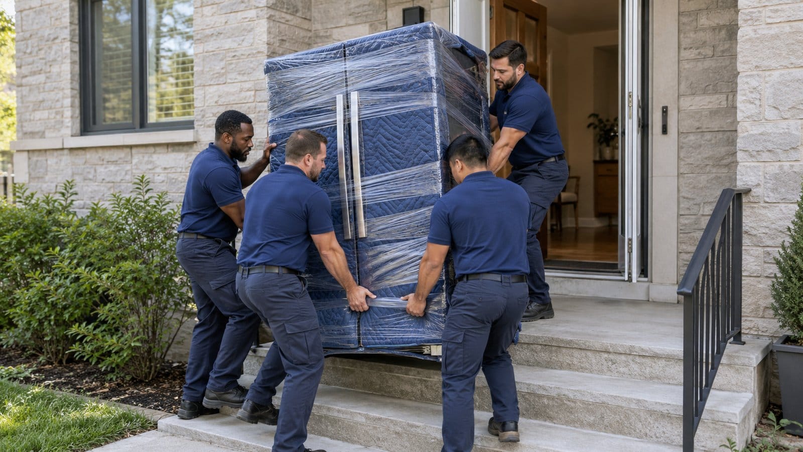 Four movers carry a wrapped double-door fridge up the front steps of a low-rise building