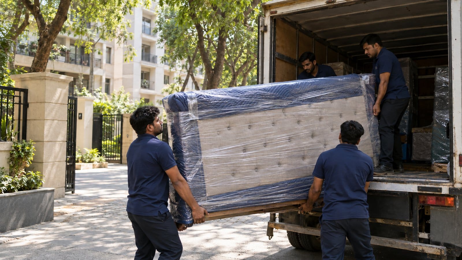 Movers load a wrapped headboard into a truck outside a residential society gate under tall trees