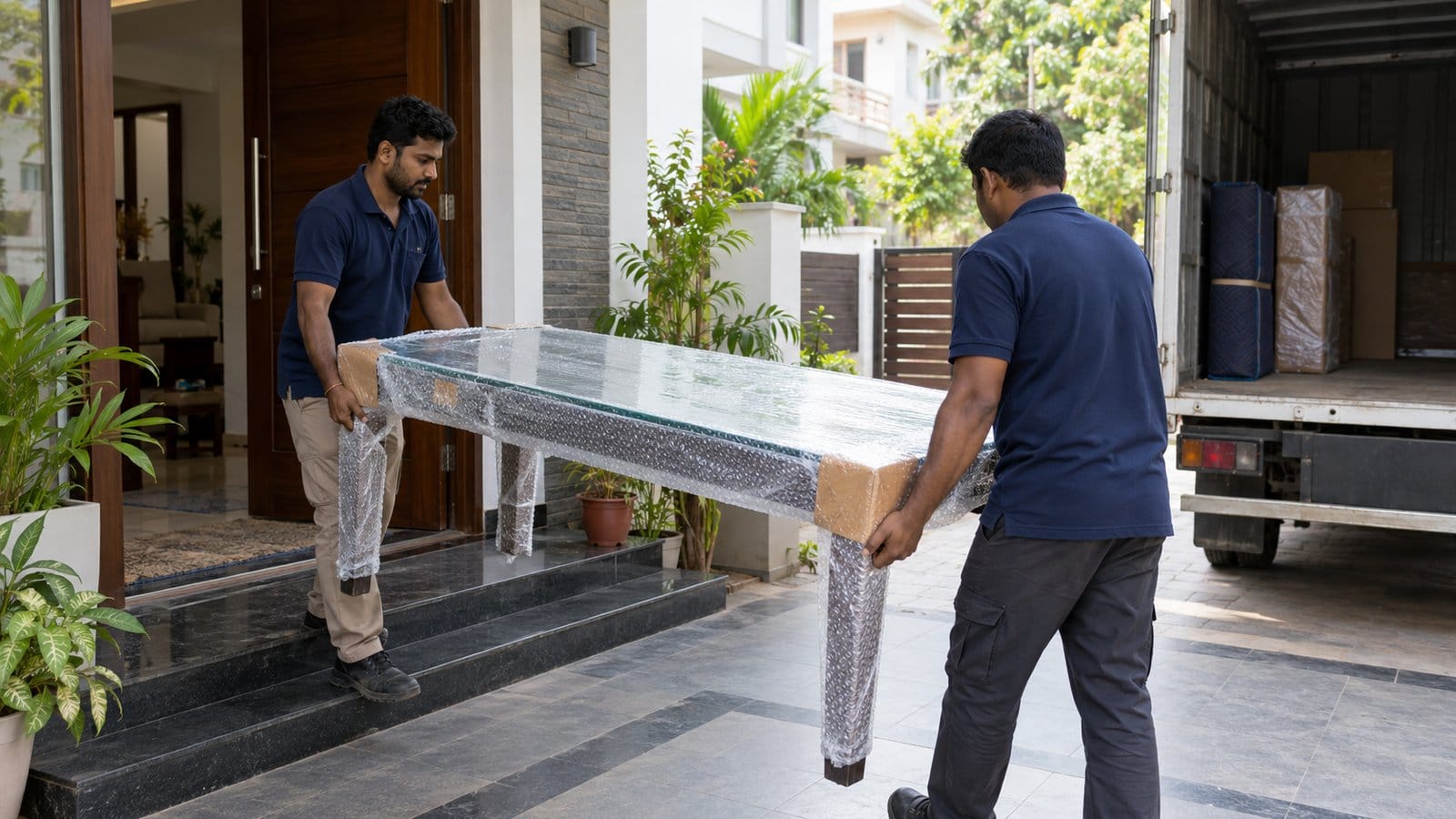 Two movers carry a wrapped glass-top table out of a house towards a parked truck