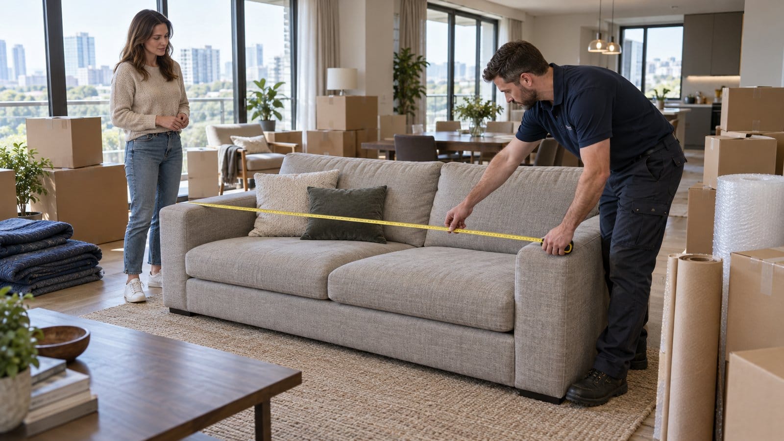 A mover measures a sofa with a tape while a resident watches inside a spacious apartment