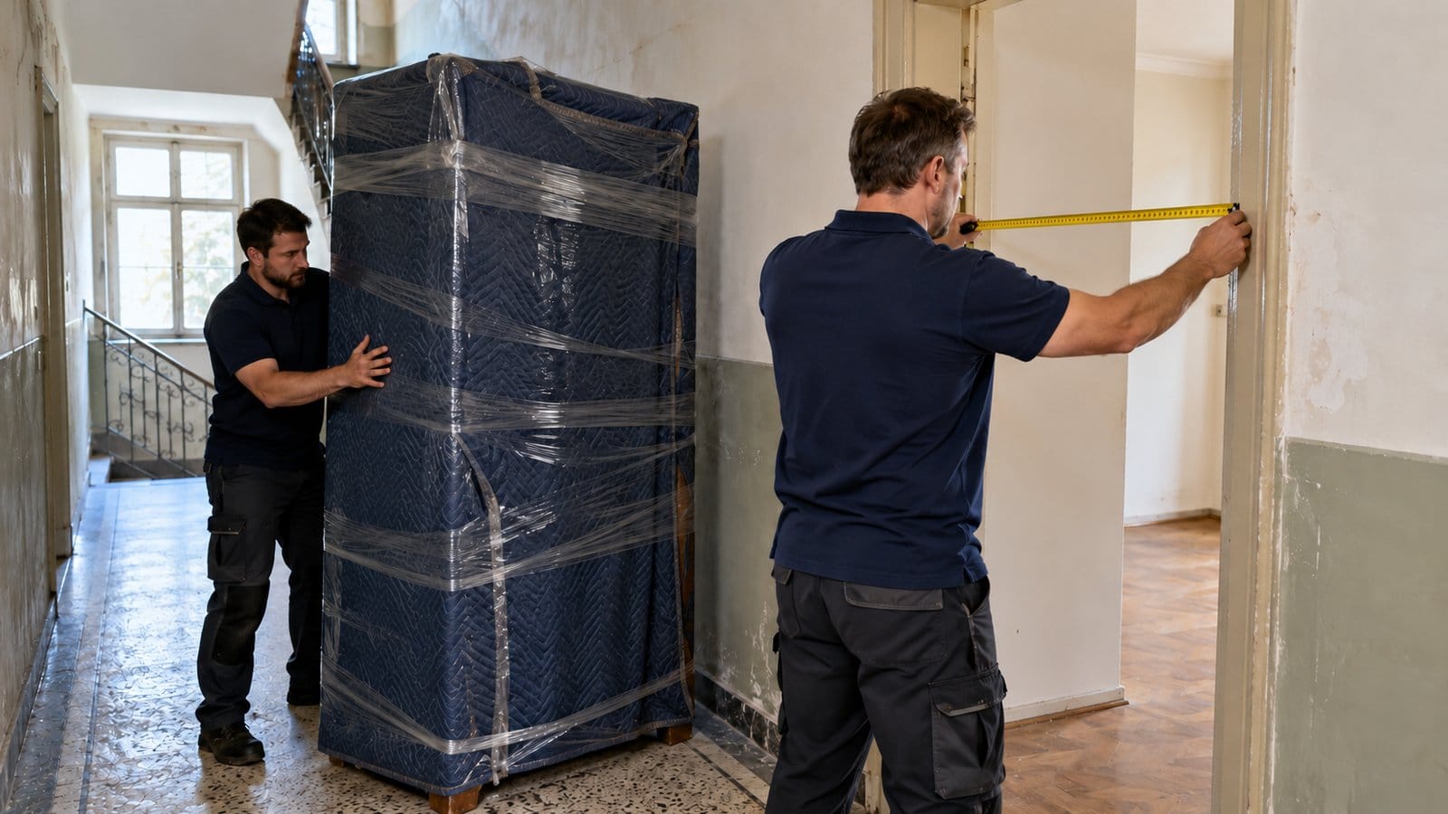 A mover measures a doorway while another steadies a wrapped wardrobe in an apartment corridor