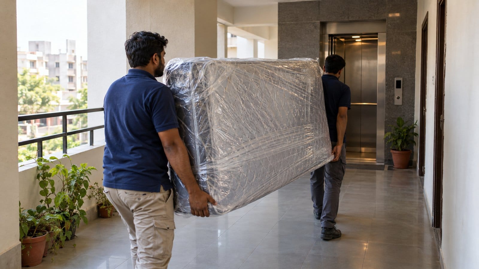 Two movers carry a wrapped mattress along an apartment corridor to the lift