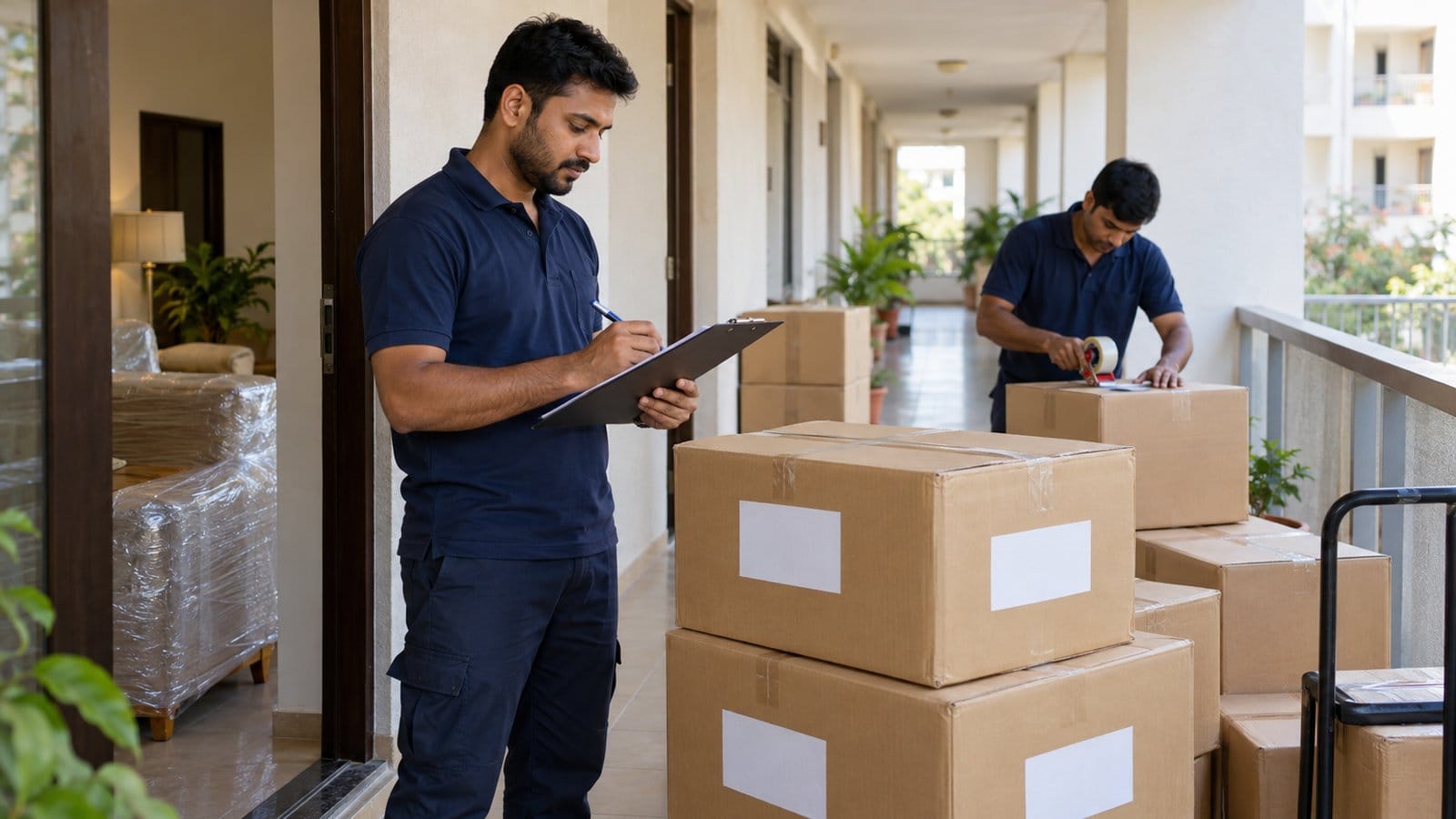 A mover writes an inventory on a clipboard beside labelled cartons while a colleague tapes a box