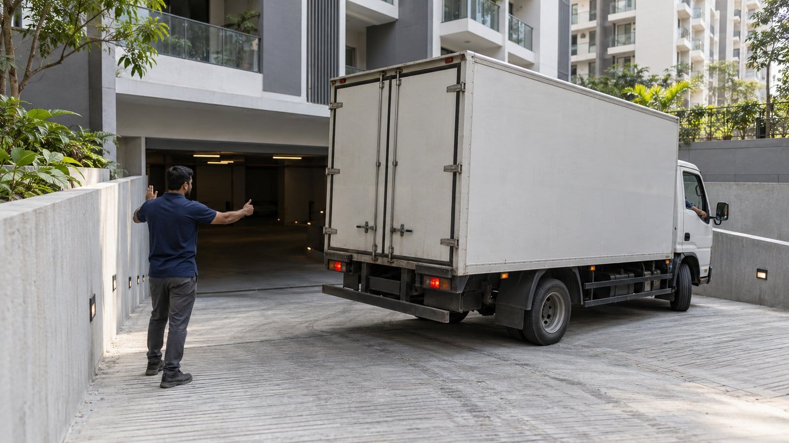 A mover guides a goods truck reversing into the basement ramp of a new residential tower