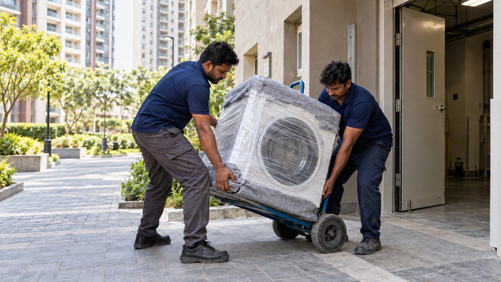 Two movers tilt a wrapped washing machine onto a hand truck at a tower's service entrance