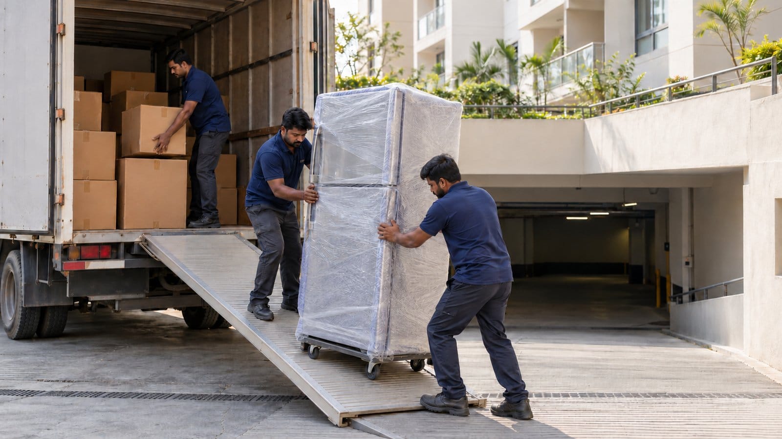 Movers load cartons and a wrapped refrigerator into a truck at an apartment basement ramp