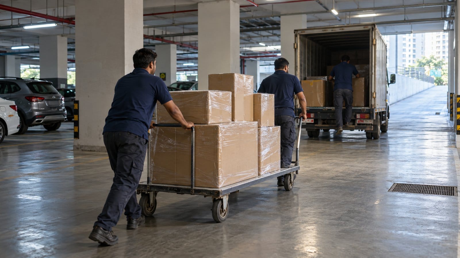 Movers push trolleys of wrapped cartons across a basement car park towards a truck