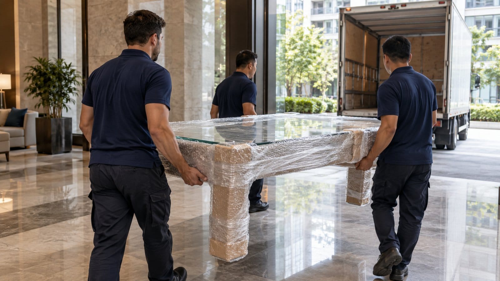 Movers carry a wrapped glass-top table through a tower lobby towards a waiting truck