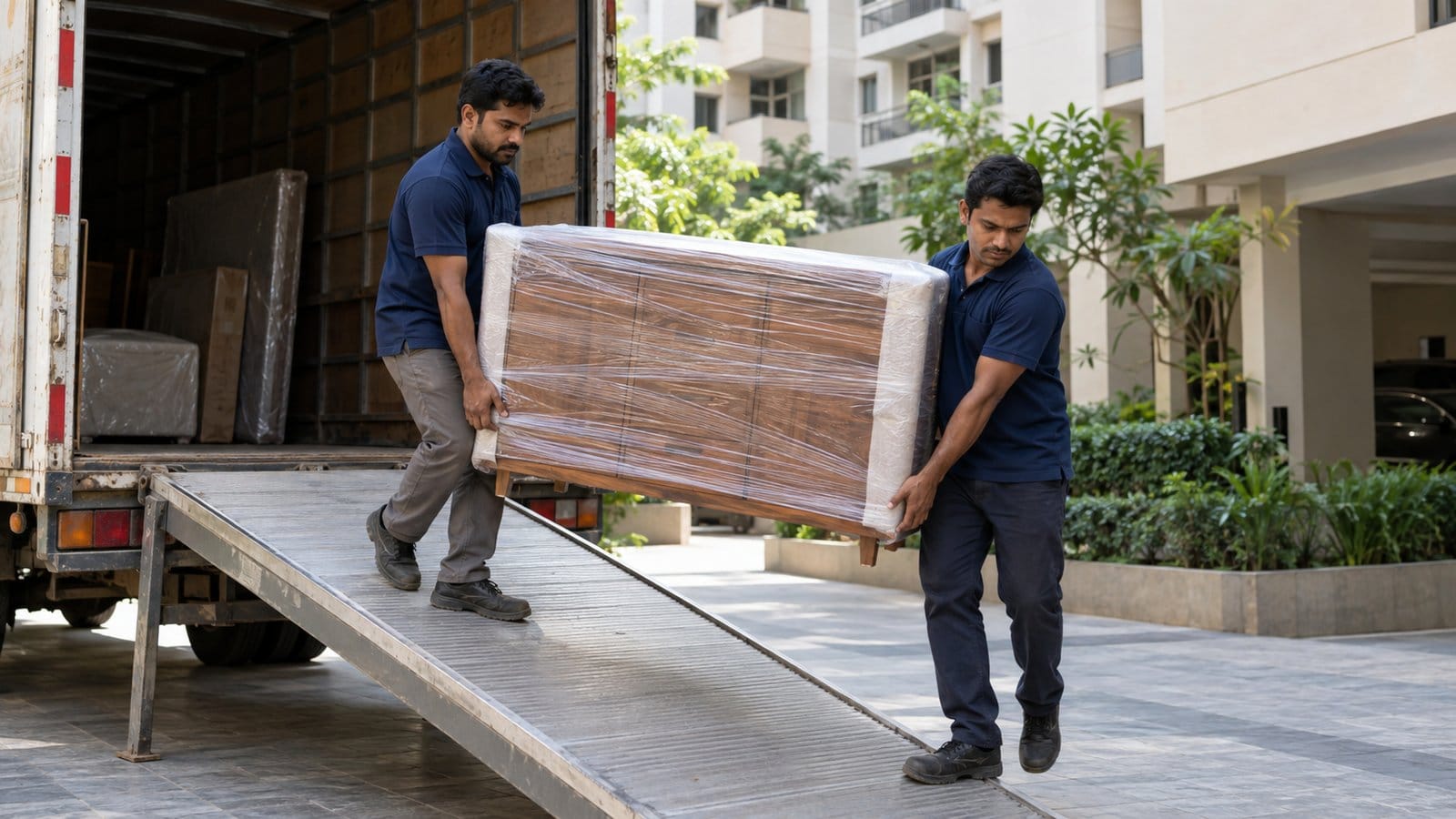 Two movers carry a wrapped wooden cabinet down a truck ramp in a society driveway