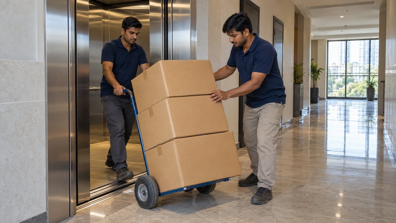 Two movers wheel a dolly stacked with cartons out of a service lift in a high-rise corridor