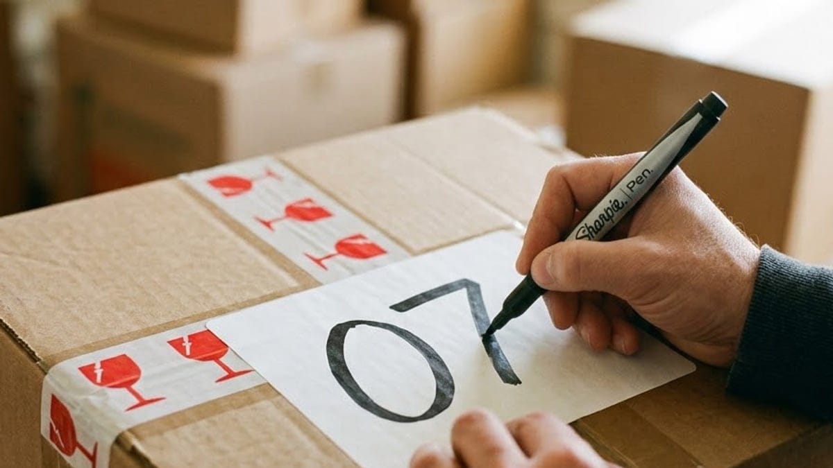 A hand writes a large number on a white label taped to a moving carton sealed with red fragile tape, with more cartons stacked behind
