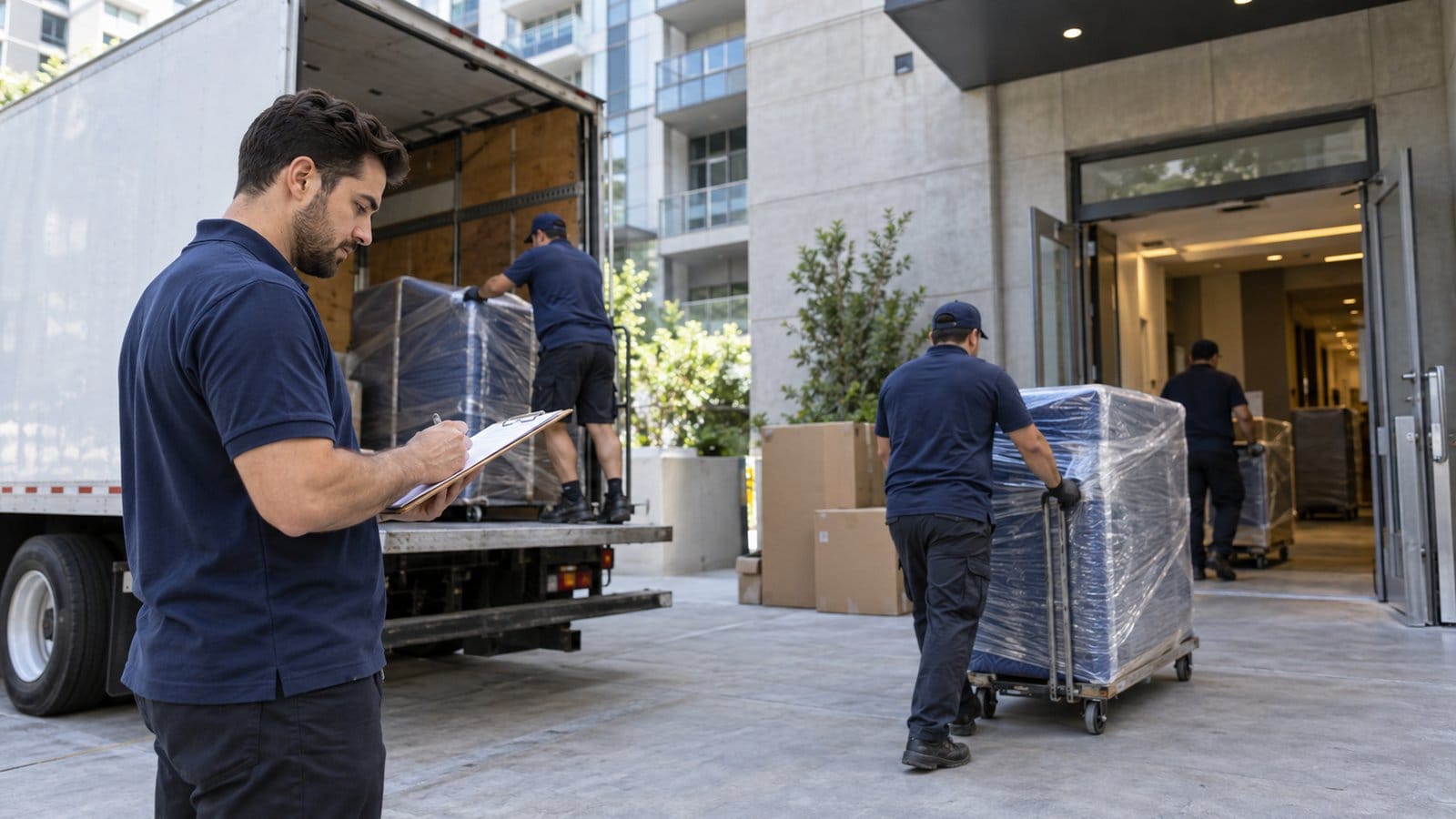 A mover checks an inventory on a clipboard beside a truck at a tower service entrance as others wheel furniture