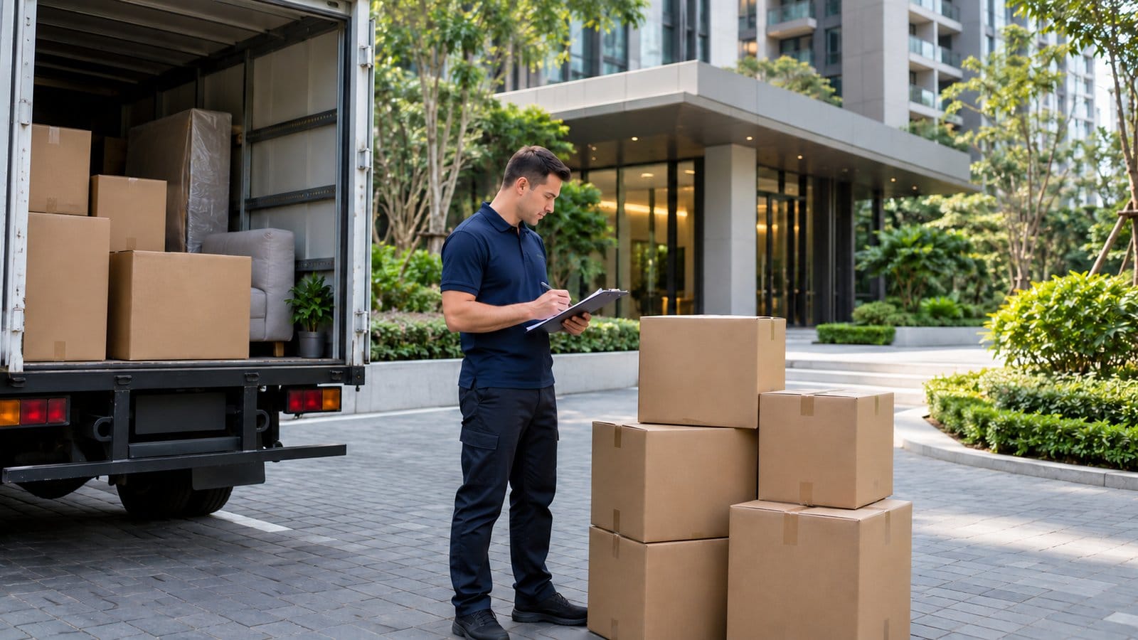 A mover checks a clipboard beside stacked cartons and a truck at a new residential tower