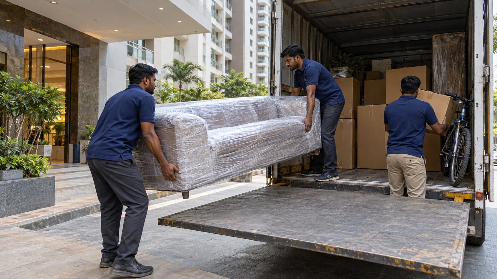 Movers load a wrapped sofa, cartons and a bicycle into a truck at a tower drop-off point