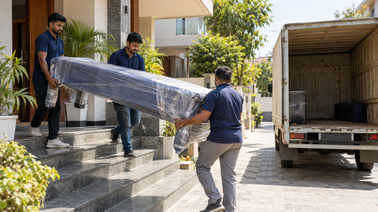 Three movers carry a long wrapped table down a building's front steps to a waiting truck
