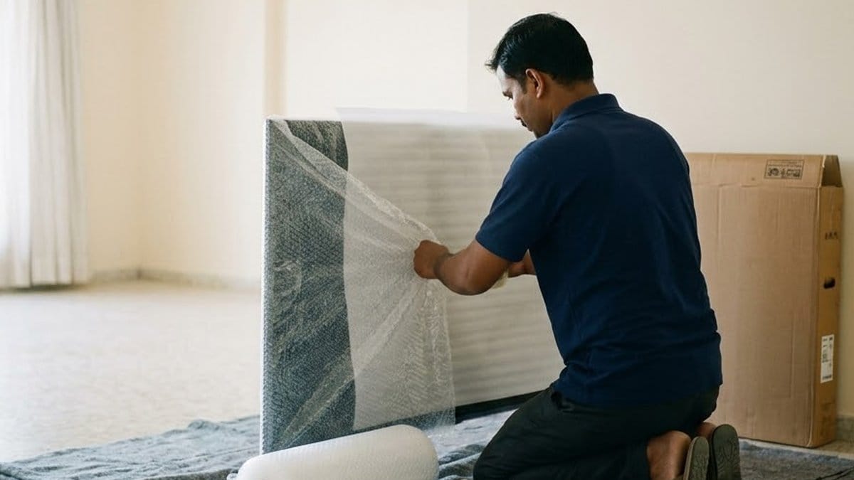 A mover in a navy polo shirt kneels on a padded blanket and wraps a flat-screen television in bubble wrap, with its empty carton against the wall