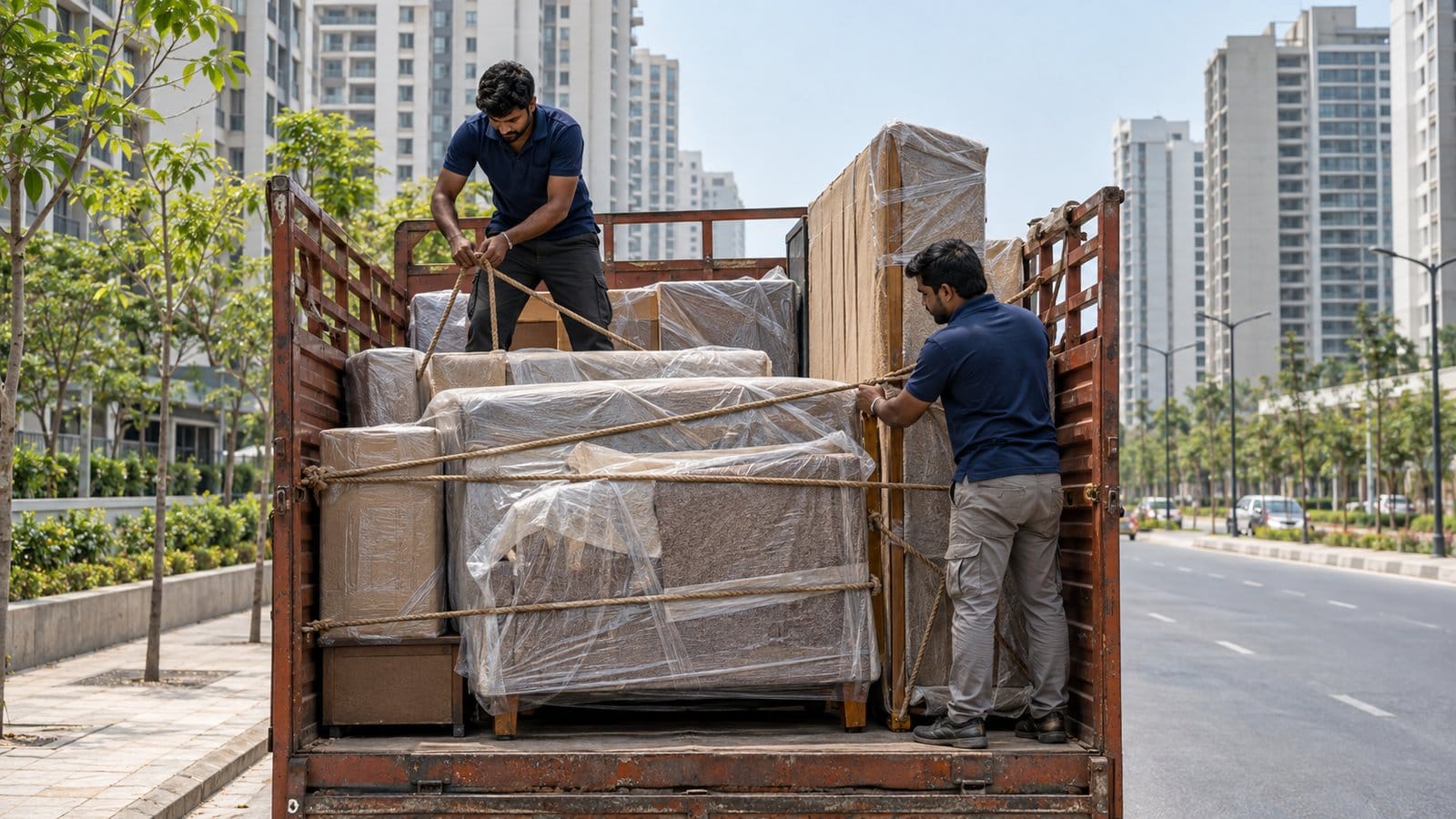 Two movers rope down wrapped furniture on an open truck on a wide road lined with young trees and towers