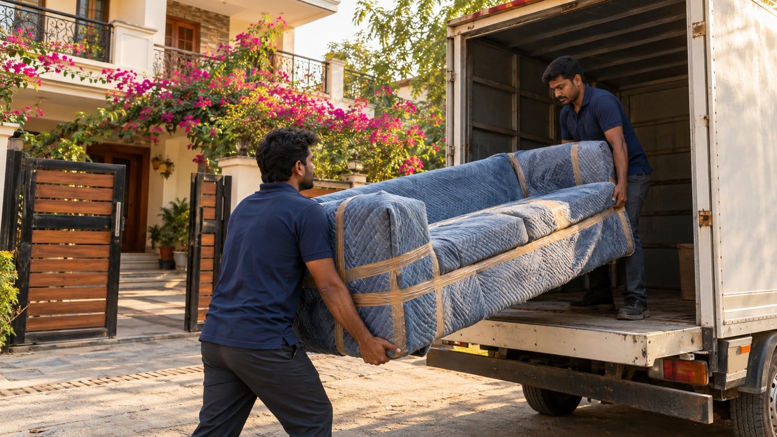 Two movers lift a wrapped sofa into a truck outside a gated two-storey house with bougainvillea