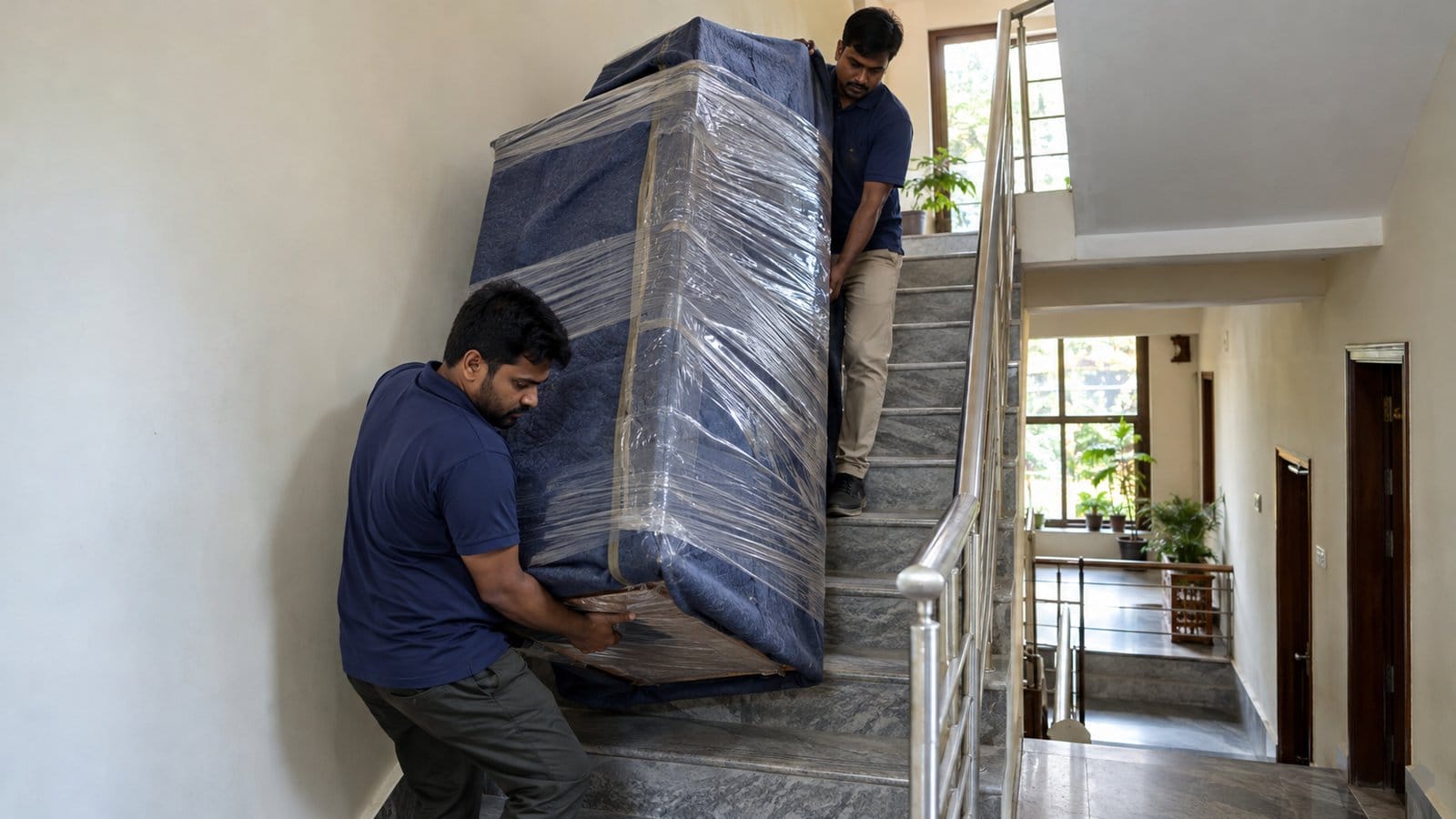 Two movers carry a wrapped wardrobe down the staircase of a three-storey house