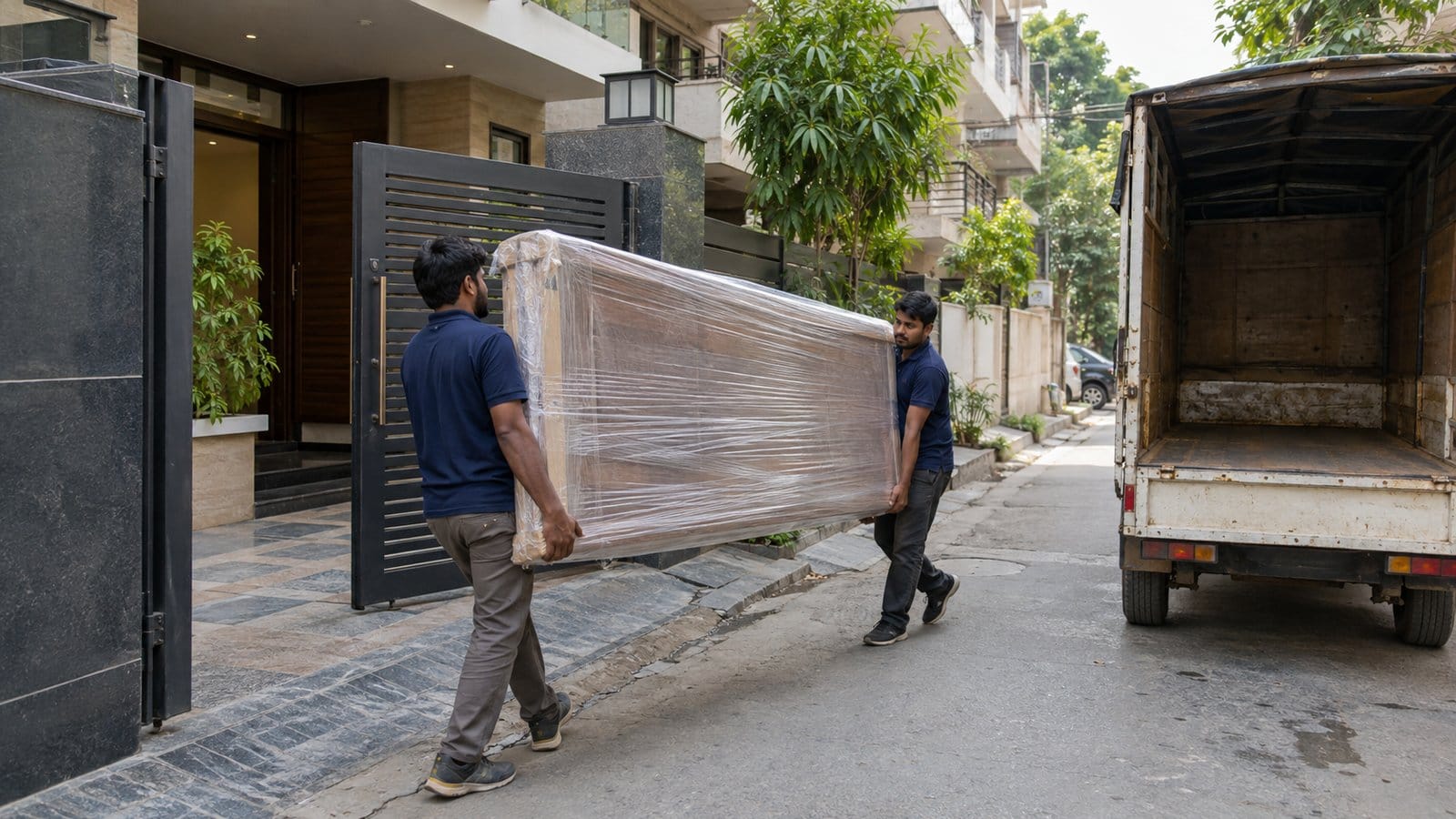 Two movers carry a wrapped bed base from a house gate to a small truck on a narrow lane
