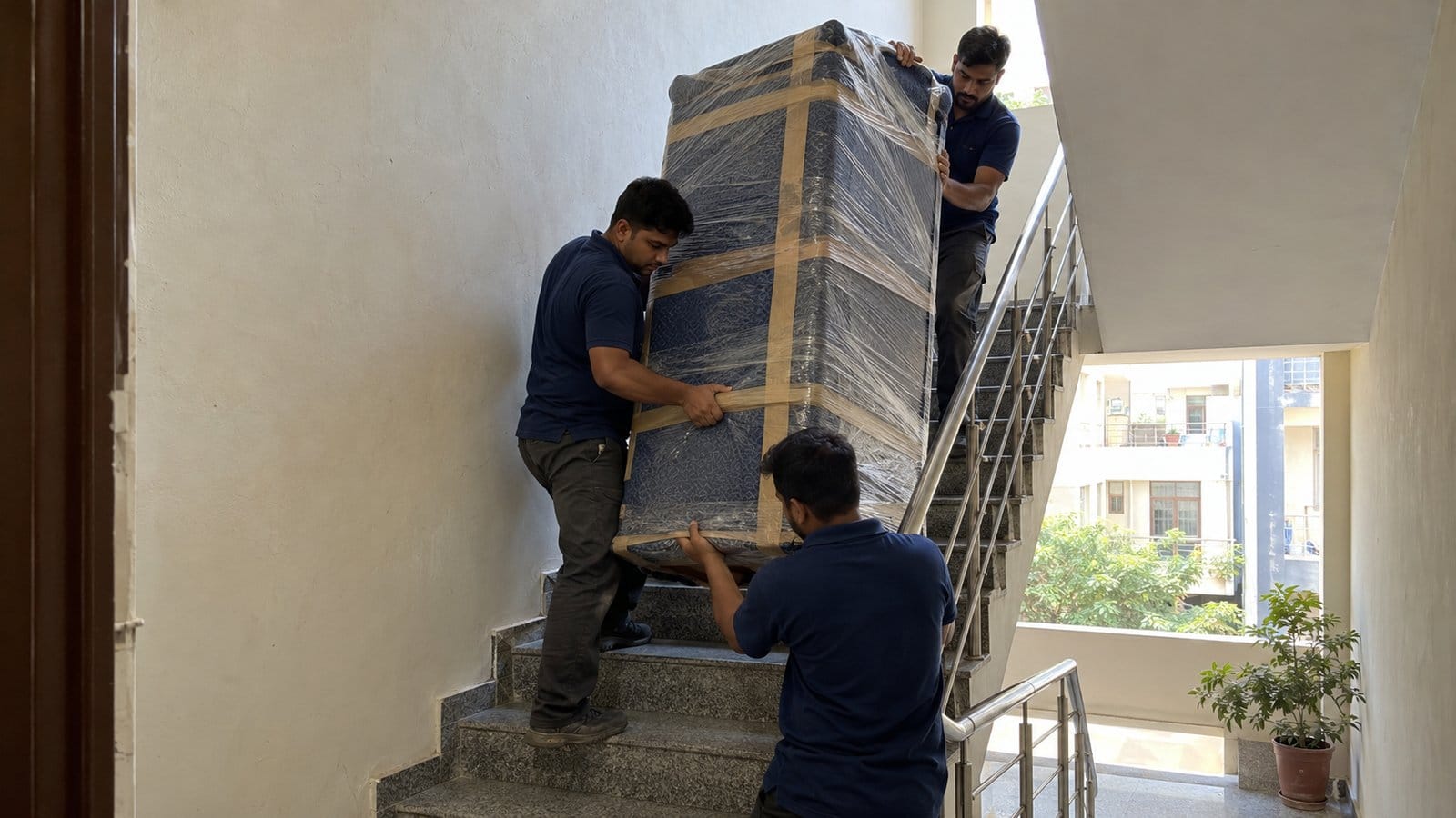 Two movers carry a wrapped almirah down a narrow staircase as a third guides them from below