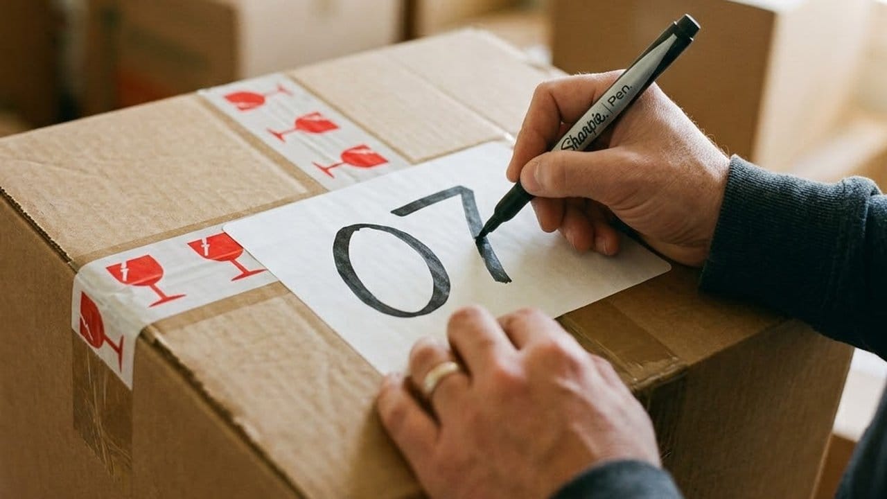A hand writes the number 07 with a black marker on a white label stuck to a taped moving carton, with more cartons stacked behind