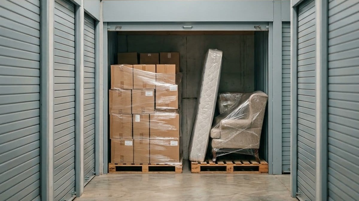 An open storage unit holding shrink-wrapped cartons on a pallet, a mattress and a wrapped armchair, between rows of grey roller shutters