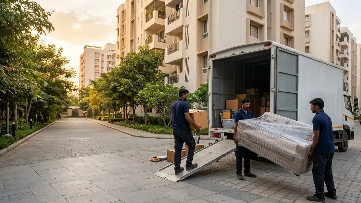 Illustration: a moving crew unloading a stretch-wrapped sofa and cartons from a truck outside an apartment complex