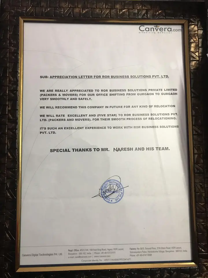 Framed client appreciation letter for an office shift within Gurgaon