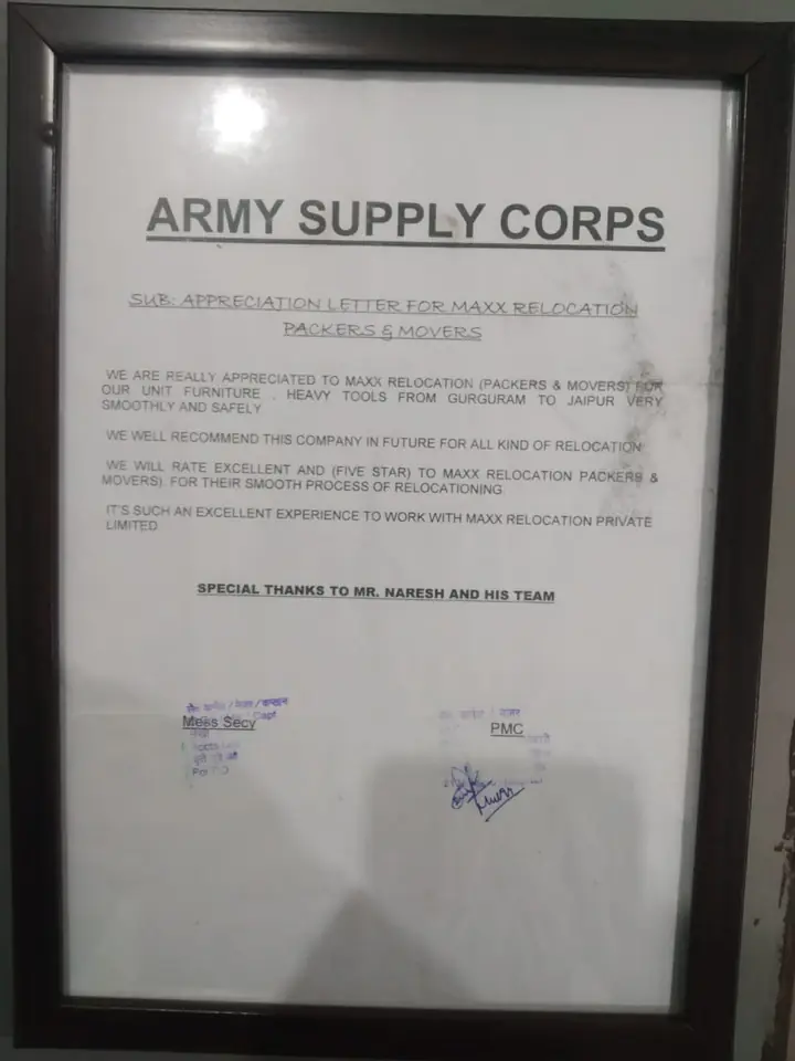 Framed appreciation letter headed Army Supply Corps about moving unit furniture and heavy tools from Gurugram to Jaipur