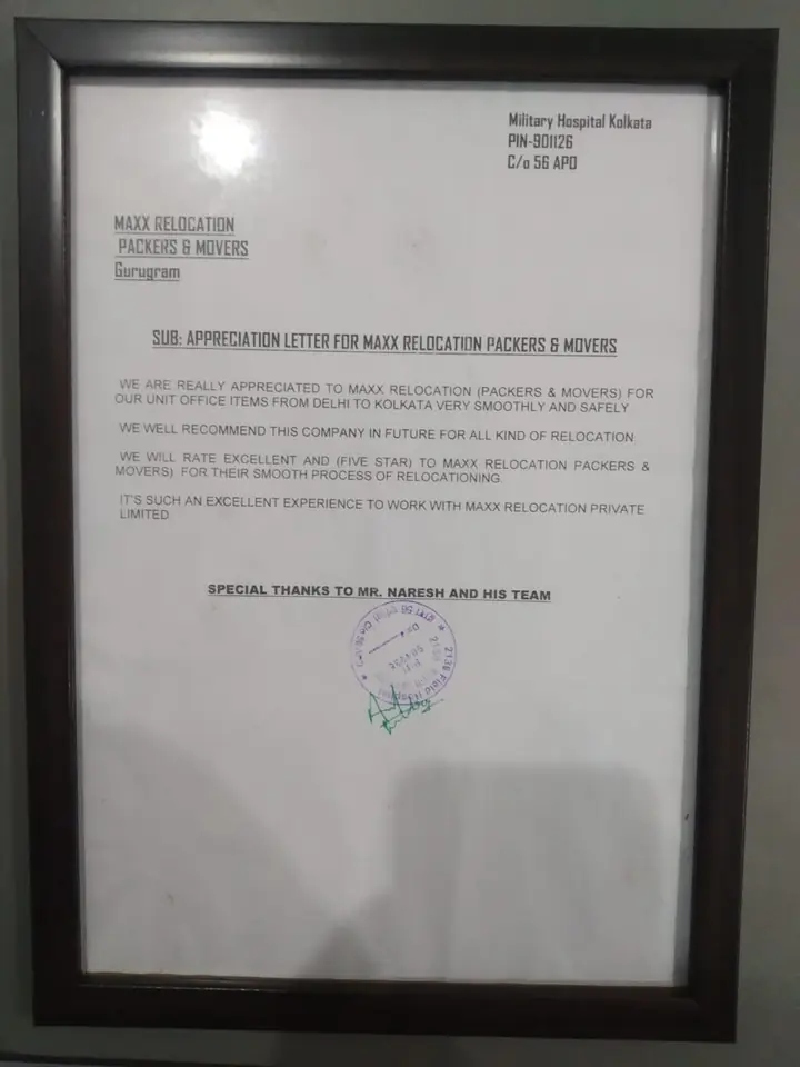 Framed appreciation letter from Military Hospital Kolkata about moving unit office items from Delhi to Kolkata