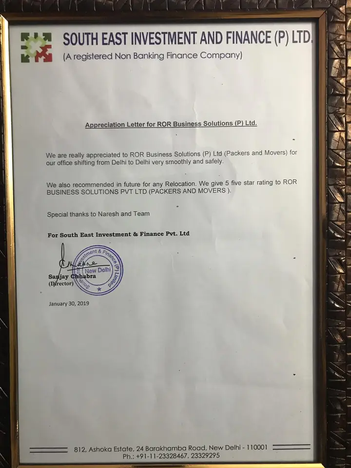Framed client appreciation letter for an office shift within Delhi, dated January 2019