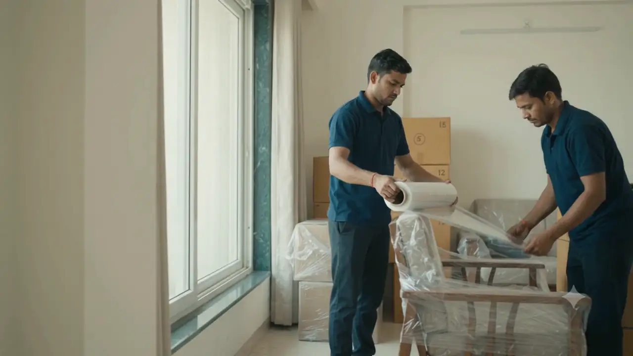 Illustration: two packers wrapping furniture in stretch film in an apartment