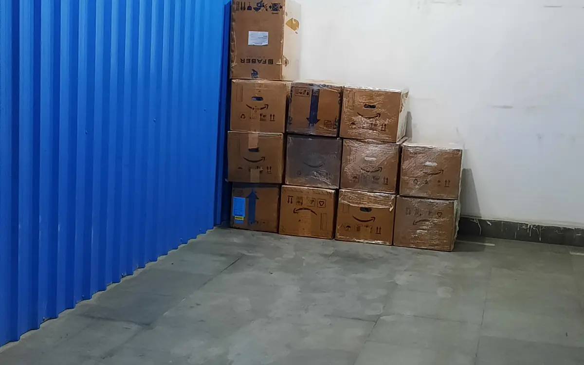 Customer cartons stored neatly inside a storage unit