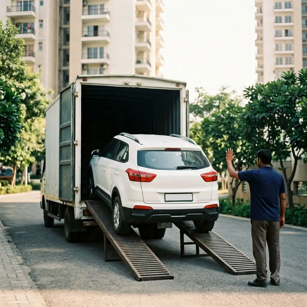 Illustration: a car being driven up the ramps into a covered car-carrier truck