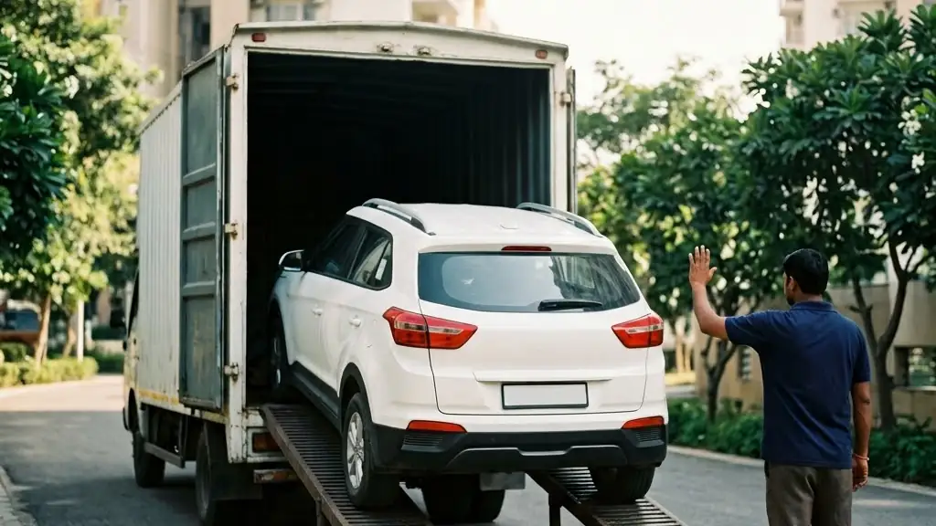 Illustration: a car being driven up the ramps into a covered car-carrier truck