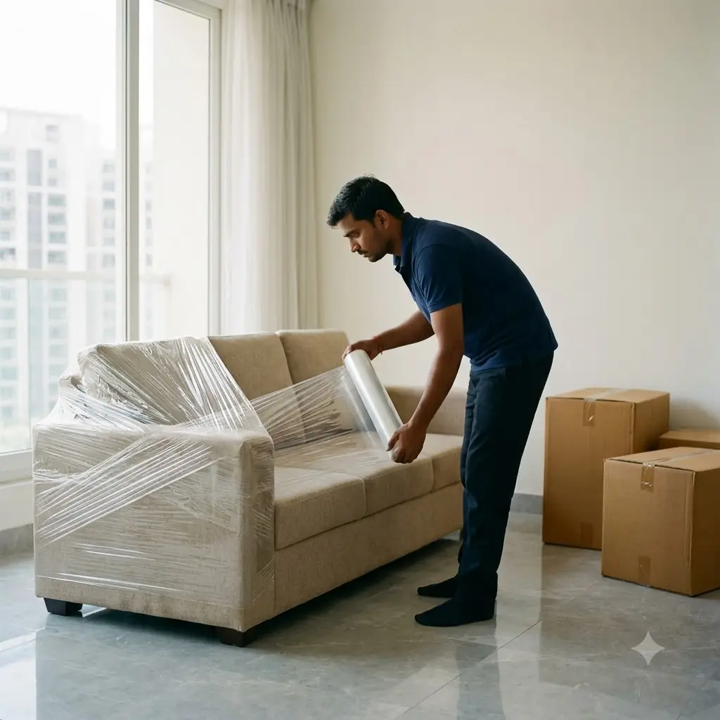Illustration: a packer stretch-wrapping a sofa in an apartment