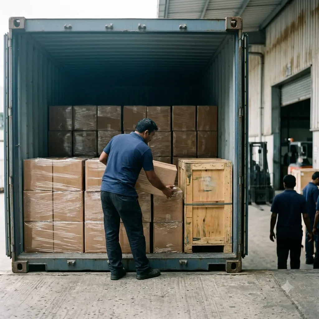 Illustration: export cartons being loaded into a shipping container at a loading dock