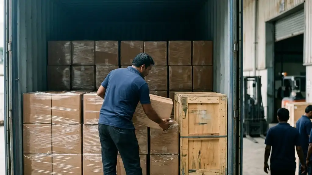 Illustration: export cartons being loaded into a shipping container at a loading dock
