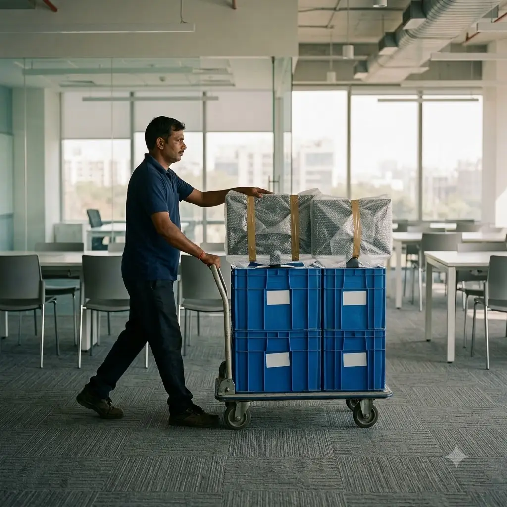 Illustration: a trolley of moving crates and bubble-wrapped monitors in an office